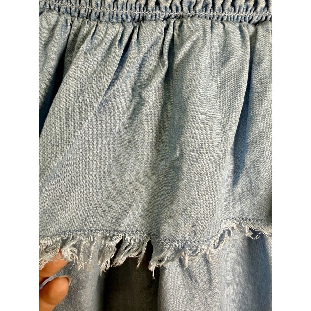Aerie Smocked Tiered Fringe Ruffle Chambray Denim Mini Skirt Women's Size Small - Picture 4 of 8